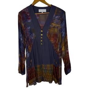 Dorothy Schoelen Platinum M Boho Tunic Top Sheer Mixed Floral Button Detail USA
